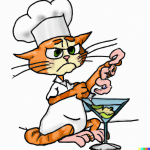 DALL·E 2022-07-30 14.20.38 - color cartoon drawing of a cat wearing a chef's hat preparing shr...png
